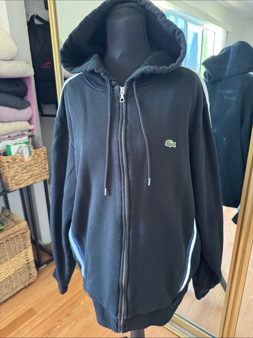 Lacoste Black Full-Zip Hoodie with Blue Trim, size XL